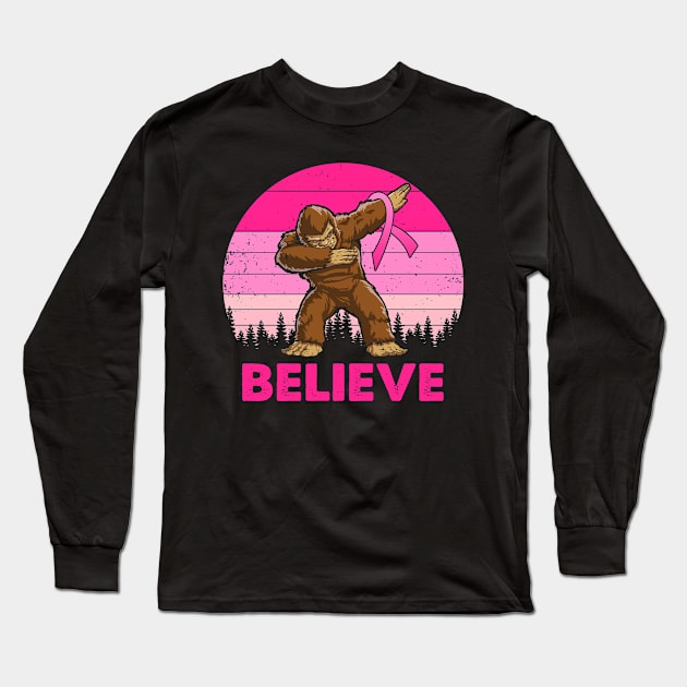 Bigfoot Carrying Pink Ribbon Breast Cancer Awareness Long Sleeve T-Shirt by Shaniya Abernathy